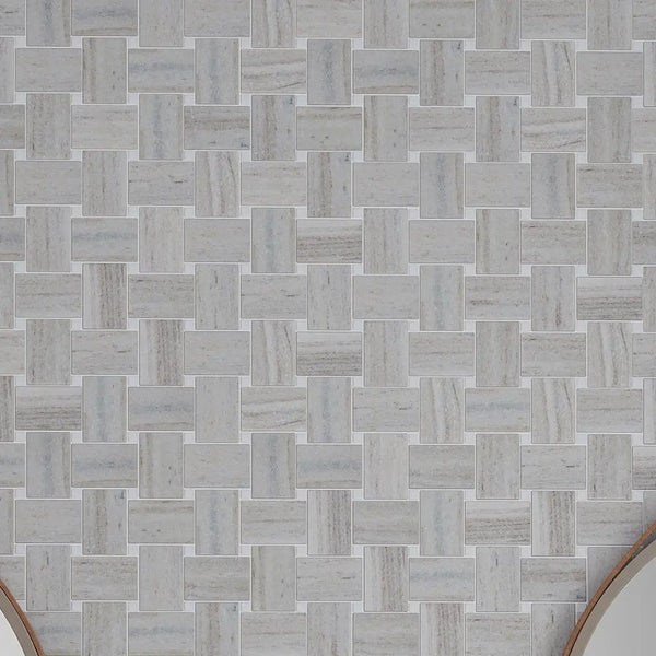 Light Beige with Soft Gray 11x11 Polished Basketweave Crystal Sand Thassoss Marble Mosaic Tile (5 pack, 4.13 sq ft/case)