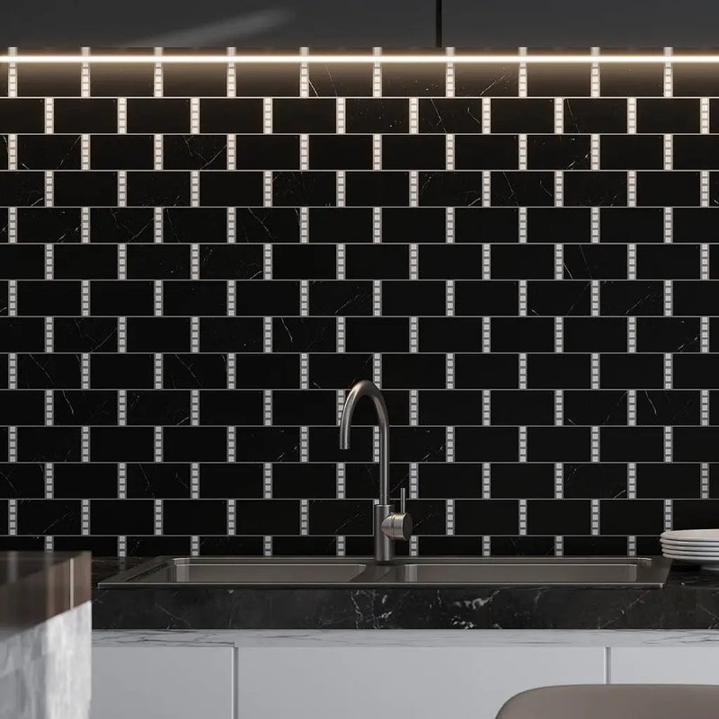 Eastern Black Thassos White 12x13 Polished Brick Marble Mosaic Tile (5 pack, 5.28 sq ft/case) by Apollo Tile