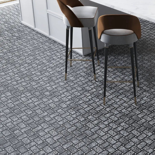 Charcoal Gray Black 12x12 Honed Basketweave Terrazzo Dolomite Limestone Marble Mosaic Tile (5 pack, 5.08 sq ft/case)