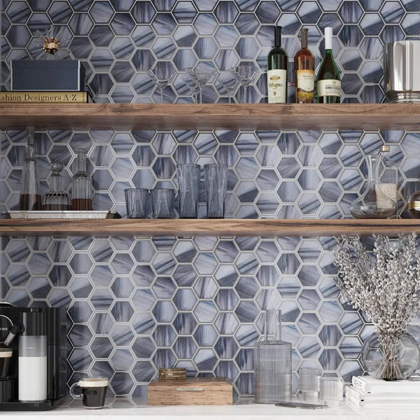 Silver Midnight Blue 9x10 Matte Hexagon Glass Mosaic Tile (5 pack, 3.28 sq ft/case)