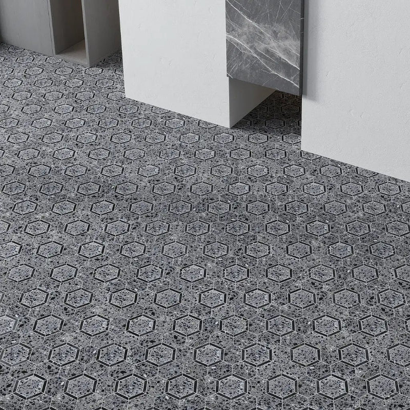 Charcoal Gray Black 11x12 Honed Hexagon Terrazzo Limestone Marble Mosaic Tile (5 pack, 4.38 sq ft/case) by Apollo Tile