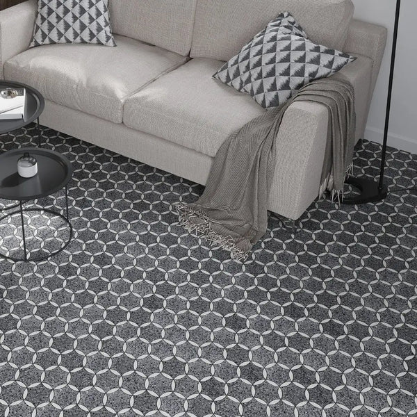 Charcoal Gray Black 12x13 Honed Star Round Terrazzo Dolomite Marble Mosaic Tile (5 pack, 5.46 sq ft/case)