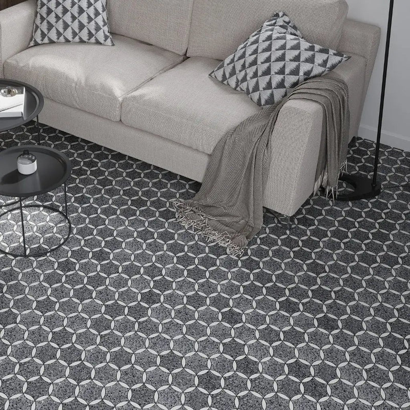 Charcoal Gray Black 12x13 Honed Star Round Terrazzo Dolomite Marble Mosaic Tile (5 pack, 5.46 sq ft/case) by Apollo Tile