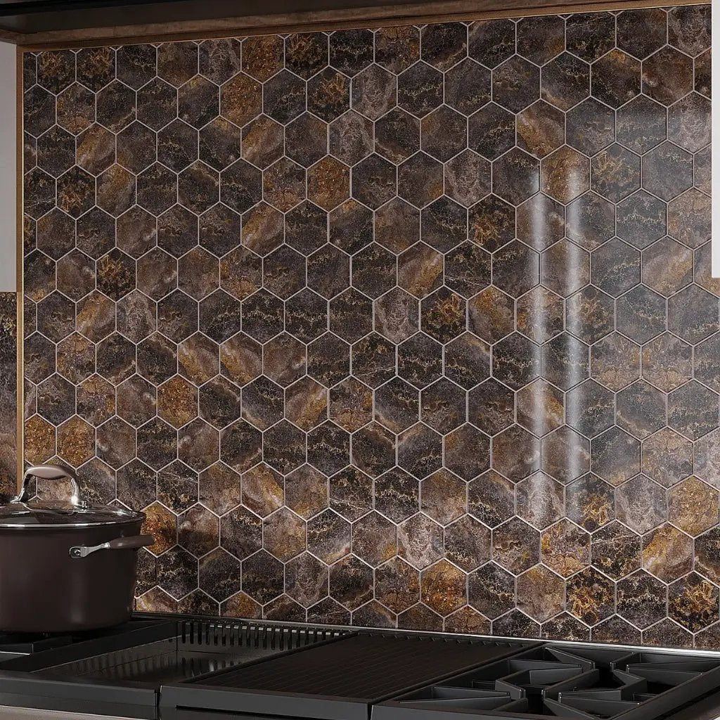 Brown 9x13 Polished Hexagon Porcelain Mosaic Tile (9 pack, 7.09 sq ft/case) by Apollo Tile