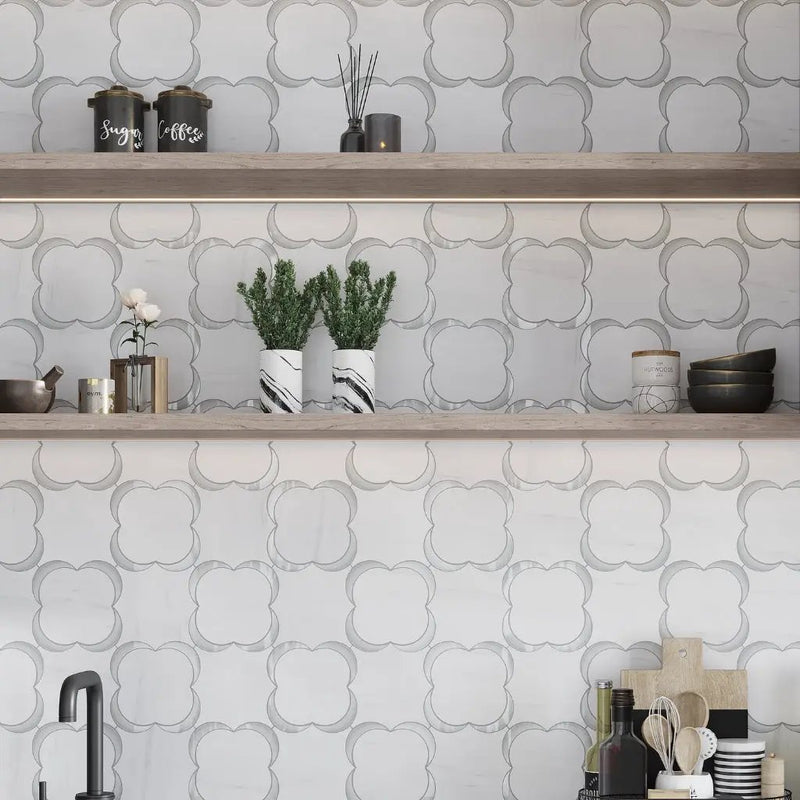 White Gray 11x11 Polished Floral Star Dolomite Glass Marble Mosaic Tile (5 pack, 4.28 sq ft/case) by Apollo Tile