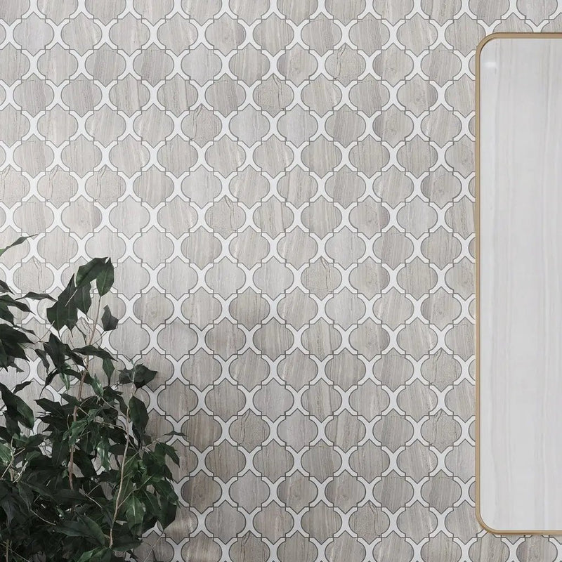 Thassos White, Wooden Grey 10x11 Polished Arabesque Marble Mosaic Tile (5 pack, 4 sq ft/case) by Apollo Tile