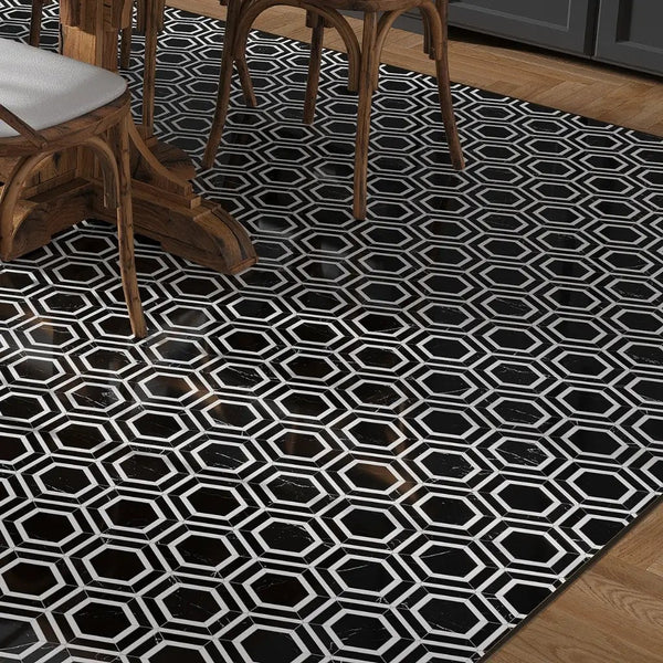 Raven Black 11x13 Polished Hexagon Nero Marquina Thassos Marble Mosaic Tile (5 pack, 5.21 sq ft/case)