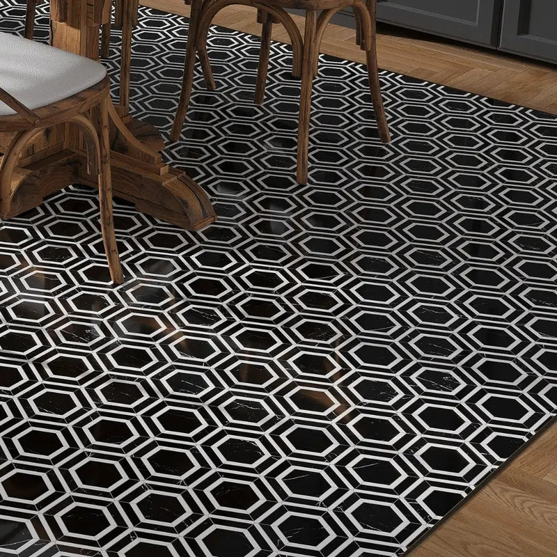 Raven Black 11x13 Polished Hexagon Nero Marquina Thassos Marble Mosaic Tile (5 pack, 5.21 sq ft/case) by Apollo Tile