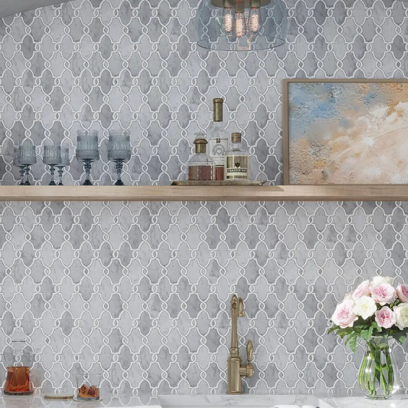 Soft Gray White 11x13 Polished Arabesque Carrrara Thassos Marble Mosaic Tile (5 pack, 4.85 sq ft/case) by Apollo Tile