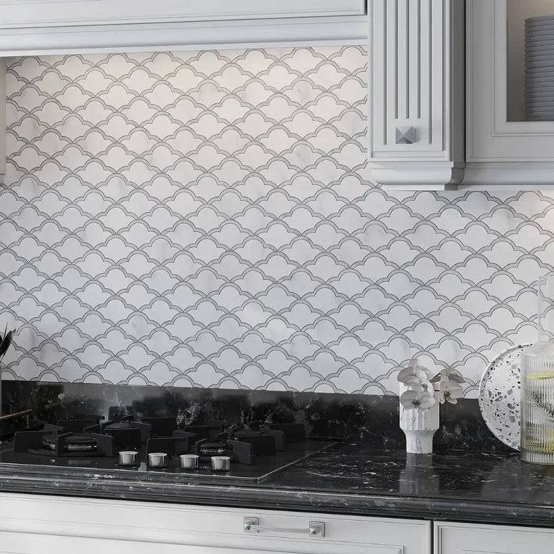 Soft White Gray 9x10 Polished Fan Scalloped Bianco Carrara Marble Mosaic Tile (5 pack, 3.06 sq ft/case) by Apollo Tile