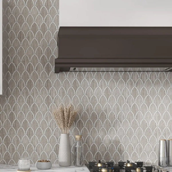 Wooden Grey, Bianco Carrara 9x10 Polished Fan Fish Scale Marble Mosaic Tile (5 pack, 3 sq ft/case)
