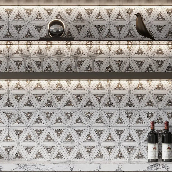White Gray 9x10 Polished Honed Kaleidoscopic Calacatta Gold, Glacier Terrazzo Marble Mosaic Tile (5 pack, 3.14 sq ft/case)