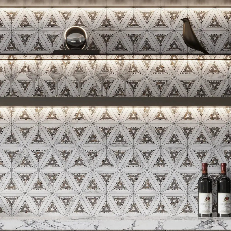 White Gray 9x10 Polished Honed Kaleidoscopic Calacatta Gold, Glacier Terrazzo Marble Mosaic Tile (5 pack, 3.14 sq ft/case) by Apollo Tile