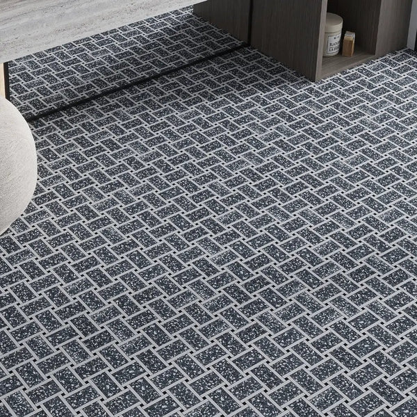 Charcoal Gray White 12x12 Honed Basketweave Terrazzo Dolomite Limestone Marble Mosaic Tile (5 pack, 5.08 sq ft/case)