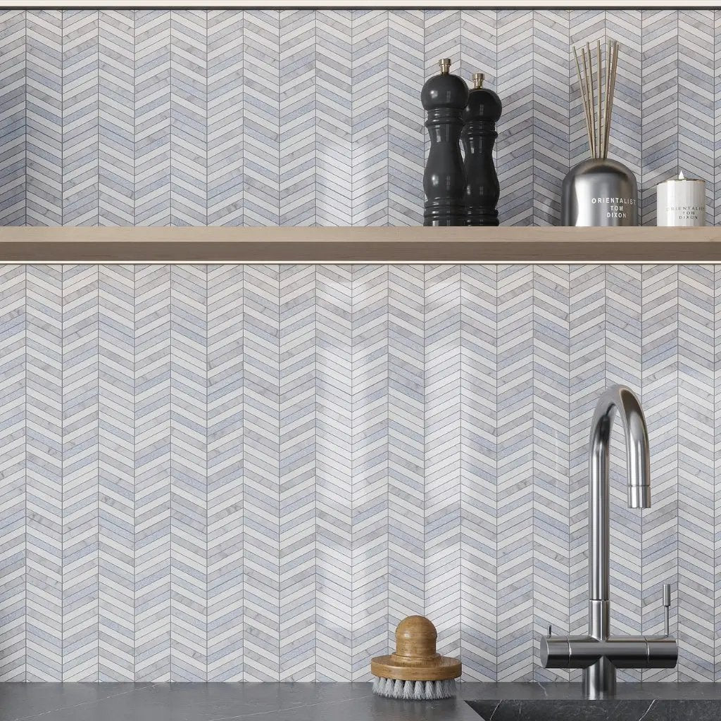 Thassos Bianco Carrara Blue Celeste 12x12 Polished Chevron Marble Mosaic Tile (5 pack, 5 sq ft/case) by Apollo Tile