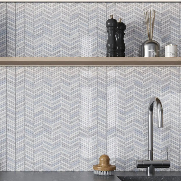 Thassos Bianco Carrara Blue Celeste 12x12 Polished Chevron Marble Mosaic Tile (5 pack, 5 sq ft/case)