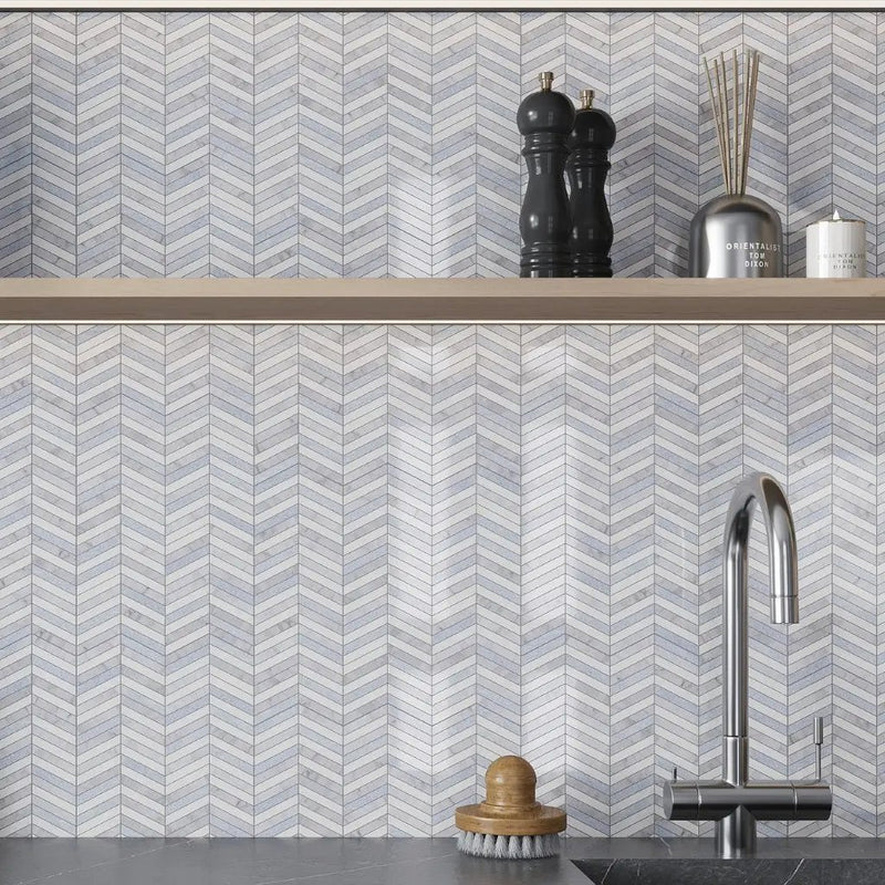 Thassos Bianco Carrara Blue Celeste 12x12 Polished Chevron Marble Mosaic Tile (5 pack, 5 sq ft/case) by Apollo Tile