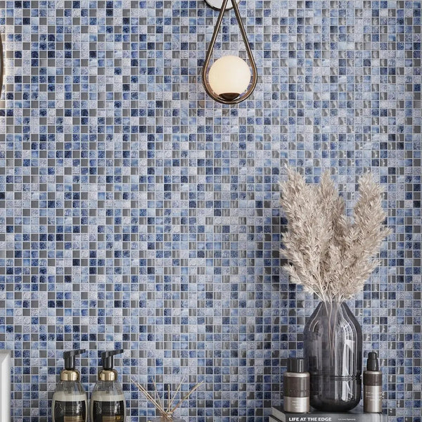 Gray Blue 12x12 Glossy Foiled Square Glass Resin Stone Mosaic Tile (5 pack, 4.75 sq ft/case)