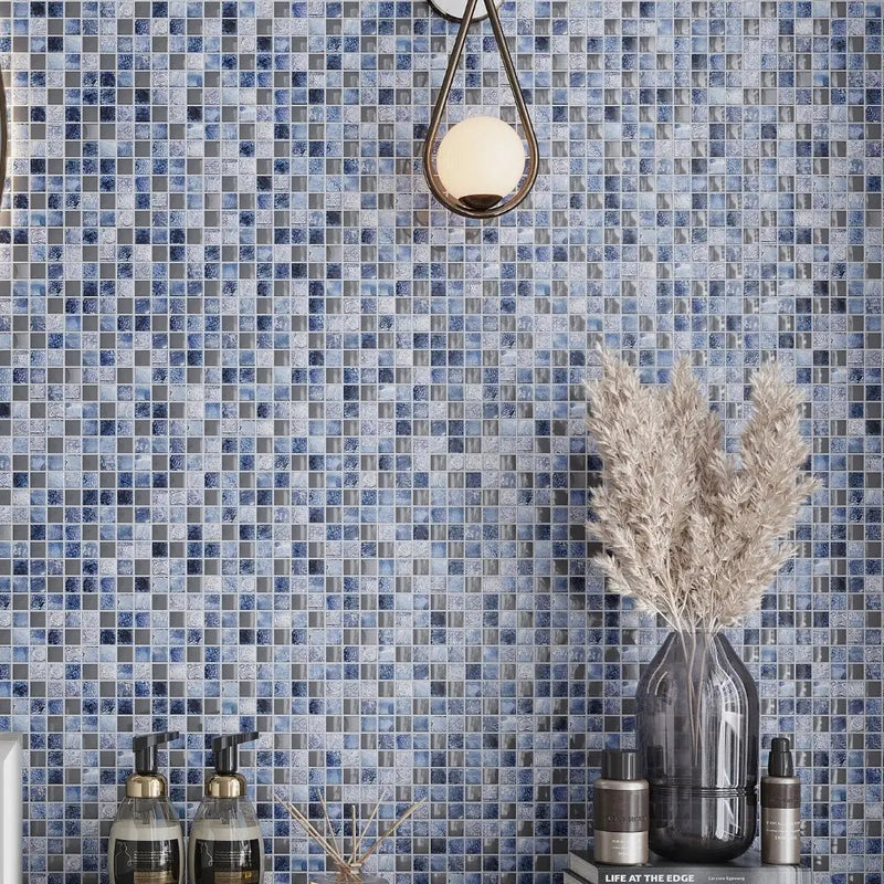 Gray Blue 12x12 Glossy Foiled Square Glass Resin Stone Mosaic Tile (5 pack, 4.75 sq ft/case) by Apollo Tile