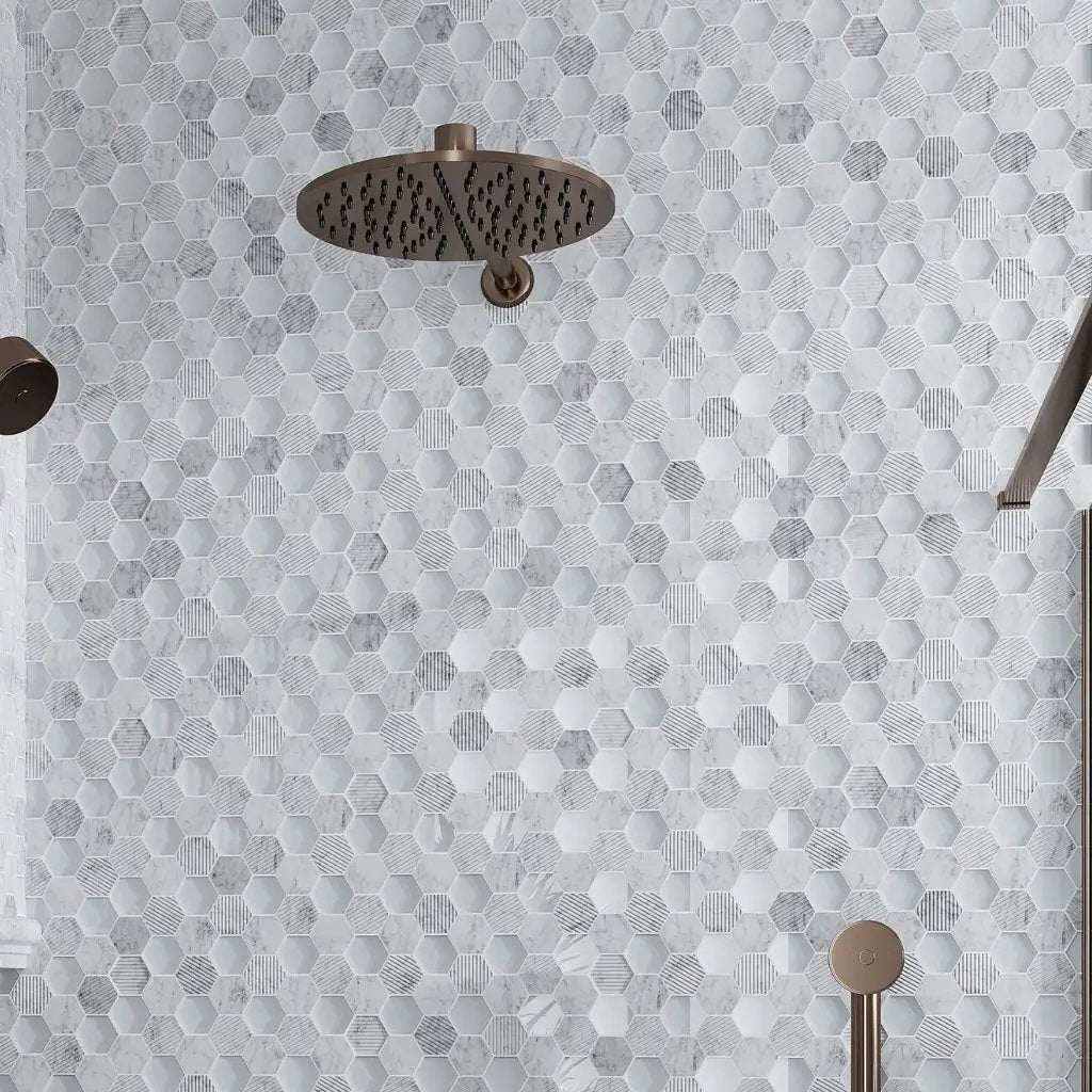 White 12x12 Polished Etched Hexagon Bianco Carrara Glass Marble Mosaic Tile (5 pack, 4.92 sq ft/case) by Apollo Tile