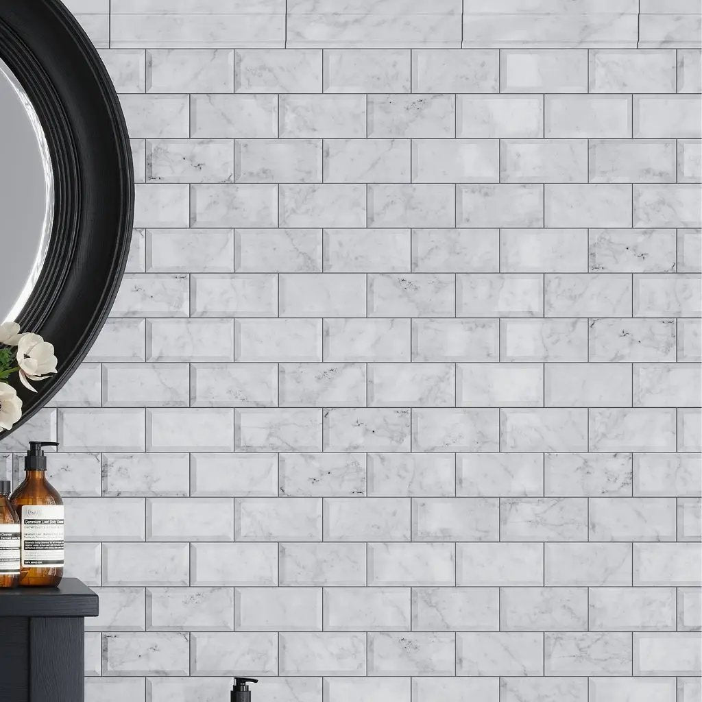 White 3x6 Polished Beveled Subway Bianco Carrara Marble Tile (40 pack, 5 sq ft/case) by Apollo Tile