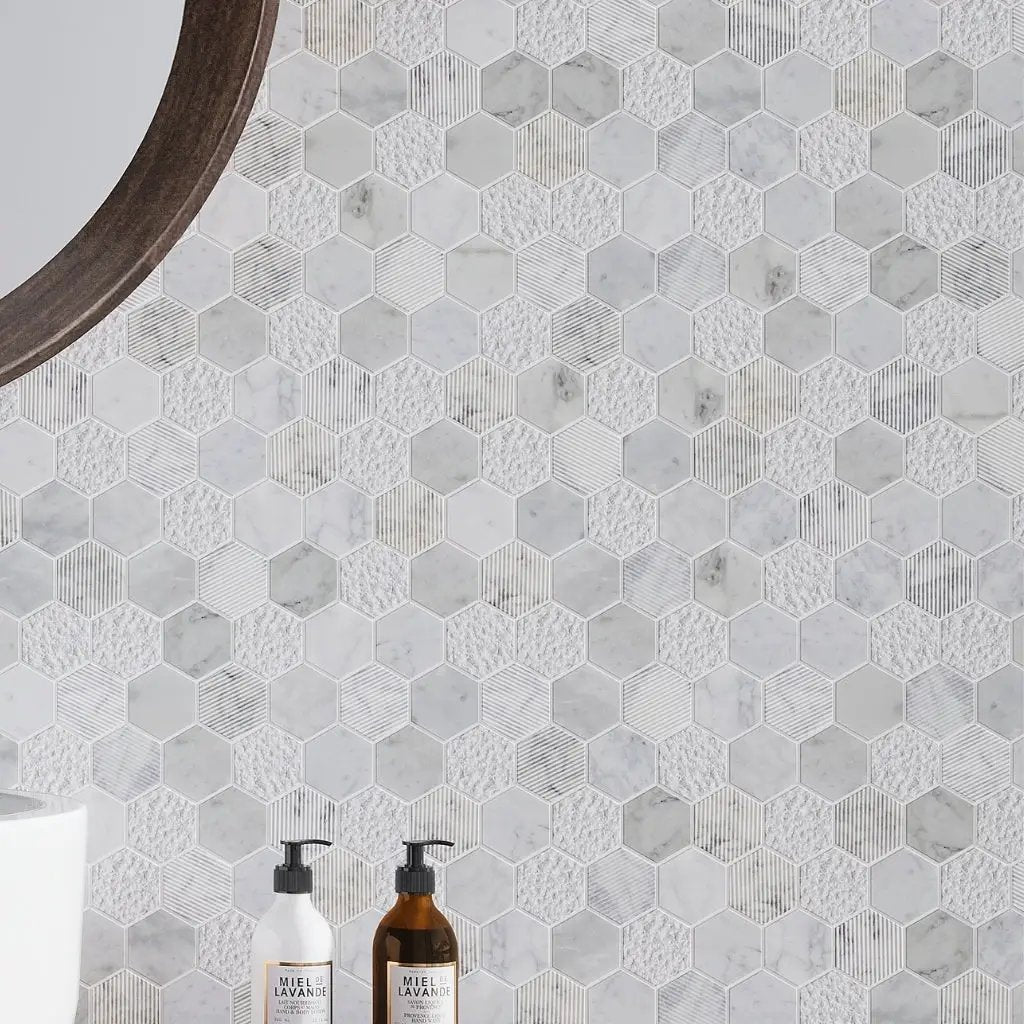 White 12x12 Polished Etched Hexagon Bianco Carrara Marble Mosaic Tile (5 pack, 4.92 sq ft/case) by Apollo Tile
