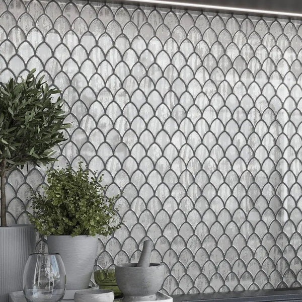 Silver 11x11 Glossy Fan Fish Scale Glass Mosaic Tile (10 pack, 8.48 sq ft/case)