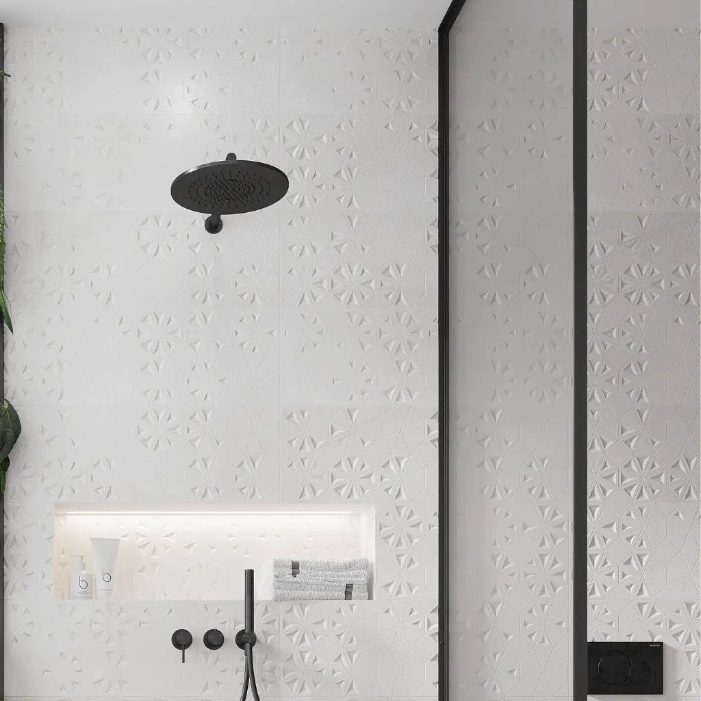 White 12x36 Matte Floral Ceramic Large Format Tile (4 pack, 11.63 sq ft/case) by Apollo Tile