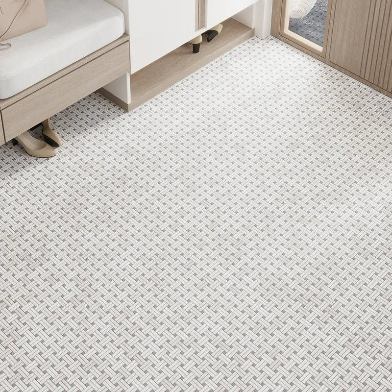 Bianco Carrara, Eastern Beige 11x11 Polished Basketweave Marble Mosaic Tile (5 pack, 4.47 sq ft/case) by Apollo Tile