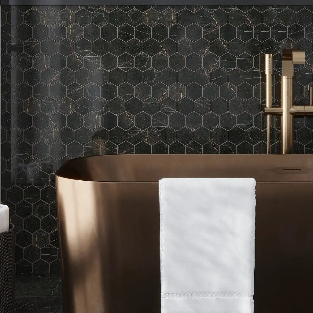 Sable Black 9x13 Polished Hexagon Porcelain Mosaic Tile (9 pack, 7.09 sq ft/case) by Apollo Tile