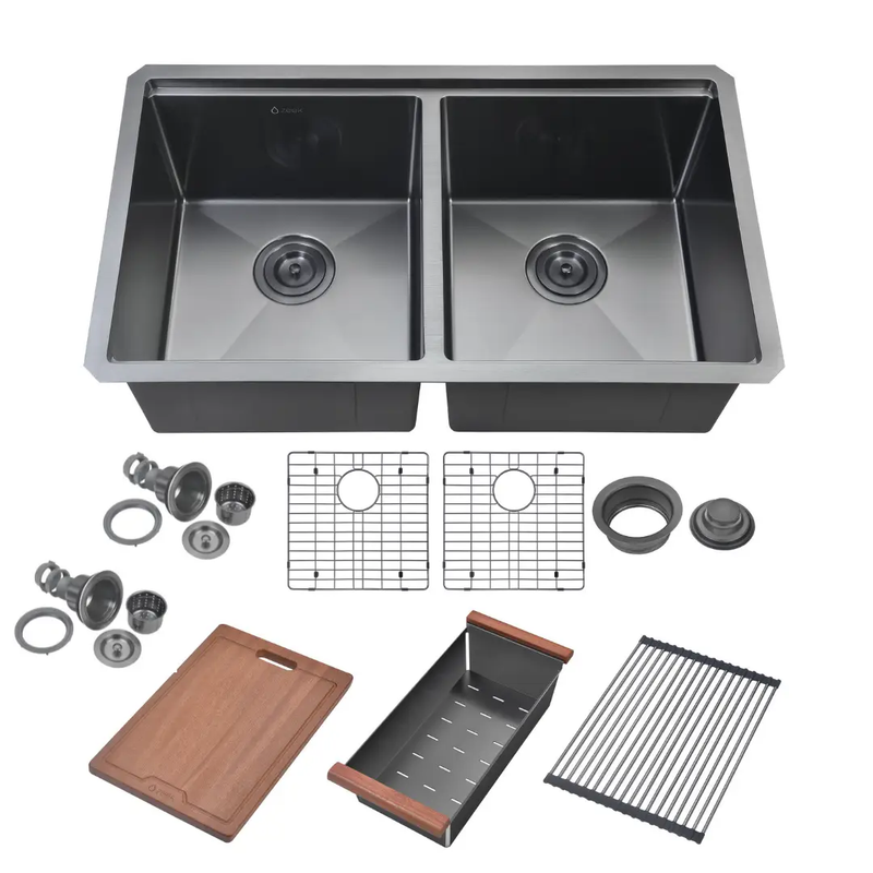 Zeek 32" Workstation Double Bowl Gunmetal Matte Black Undermount / Drop-In Kitchen Sink With Accessories PVD Nano Tech Coating ENZO ZW-B509 by ZEEK