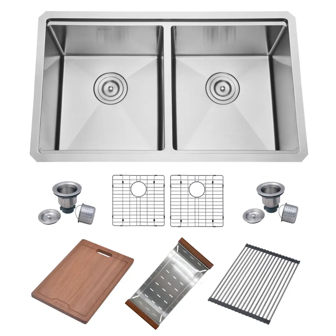 Zeek 32x19 Inch Undermount / Drop-In Double Bowl Workstation Kitchen Sink Stainless Steel 50/50 Bowl With Accessories ZH-LD50 by ZEEK