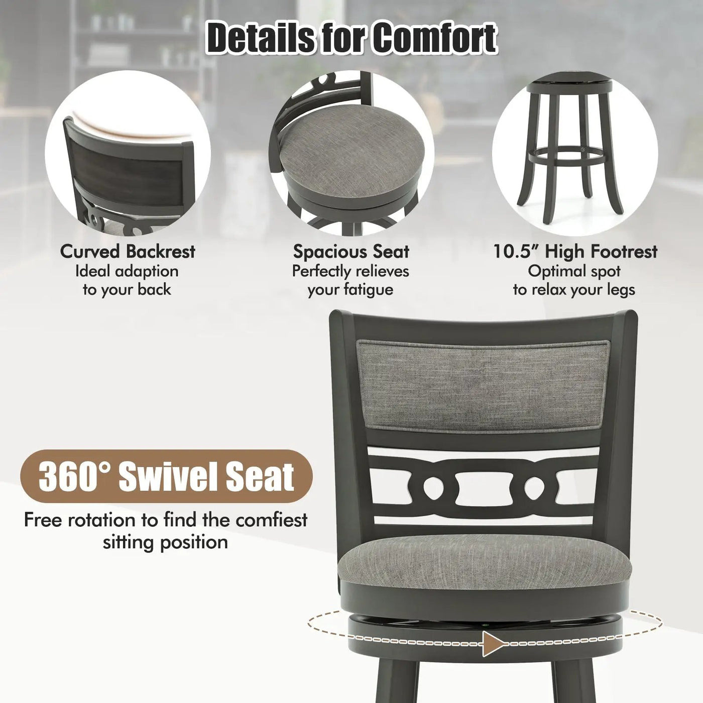 26" Counter Height Bar Chair with Wooden Frame Swivel Seat and Footrest for Pub Bar Restaurant by DirectDeals