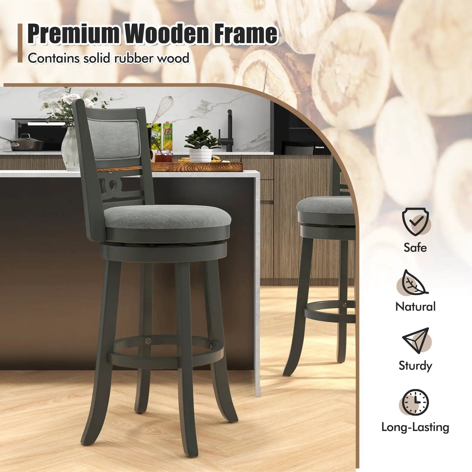 26" Counter Height Bar Chair with Wooden Frame Swivel Seat and Footrest for Pub Bar Restaurant by DirectDeals