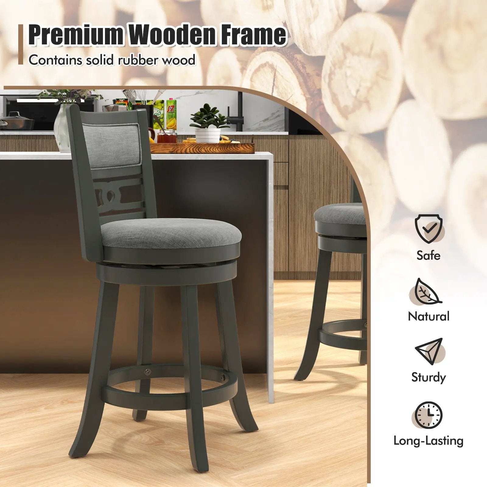 26" Counter Height Bar Chair with Wooden Frame Swivel Seat and Footrest for Pub Bar Restaurant by DirectDeals
