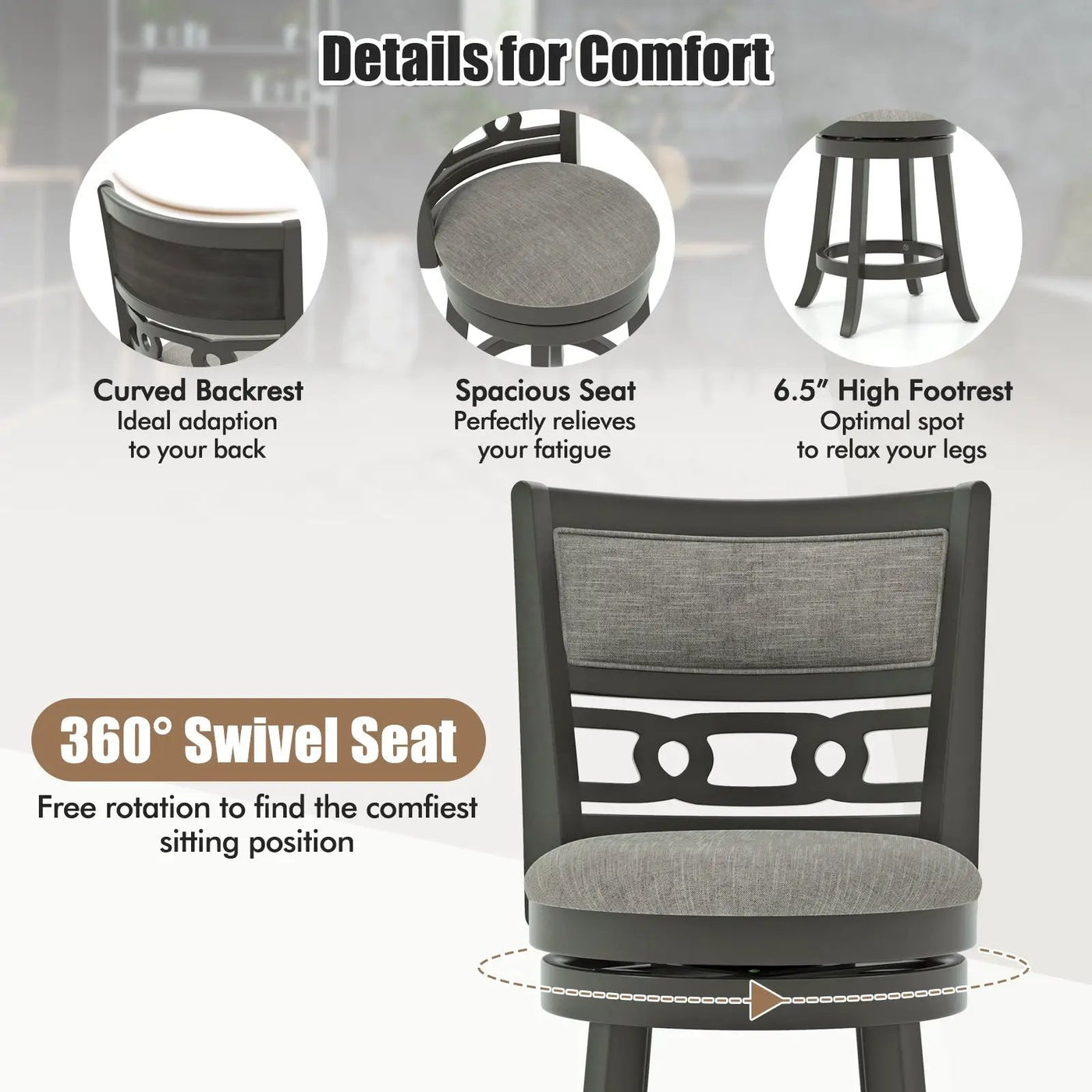 26" Counter Height Bar Chair with Wooden Frame Swivel Seat and Footrest for Pub Bar Restaurant by DirectDeals