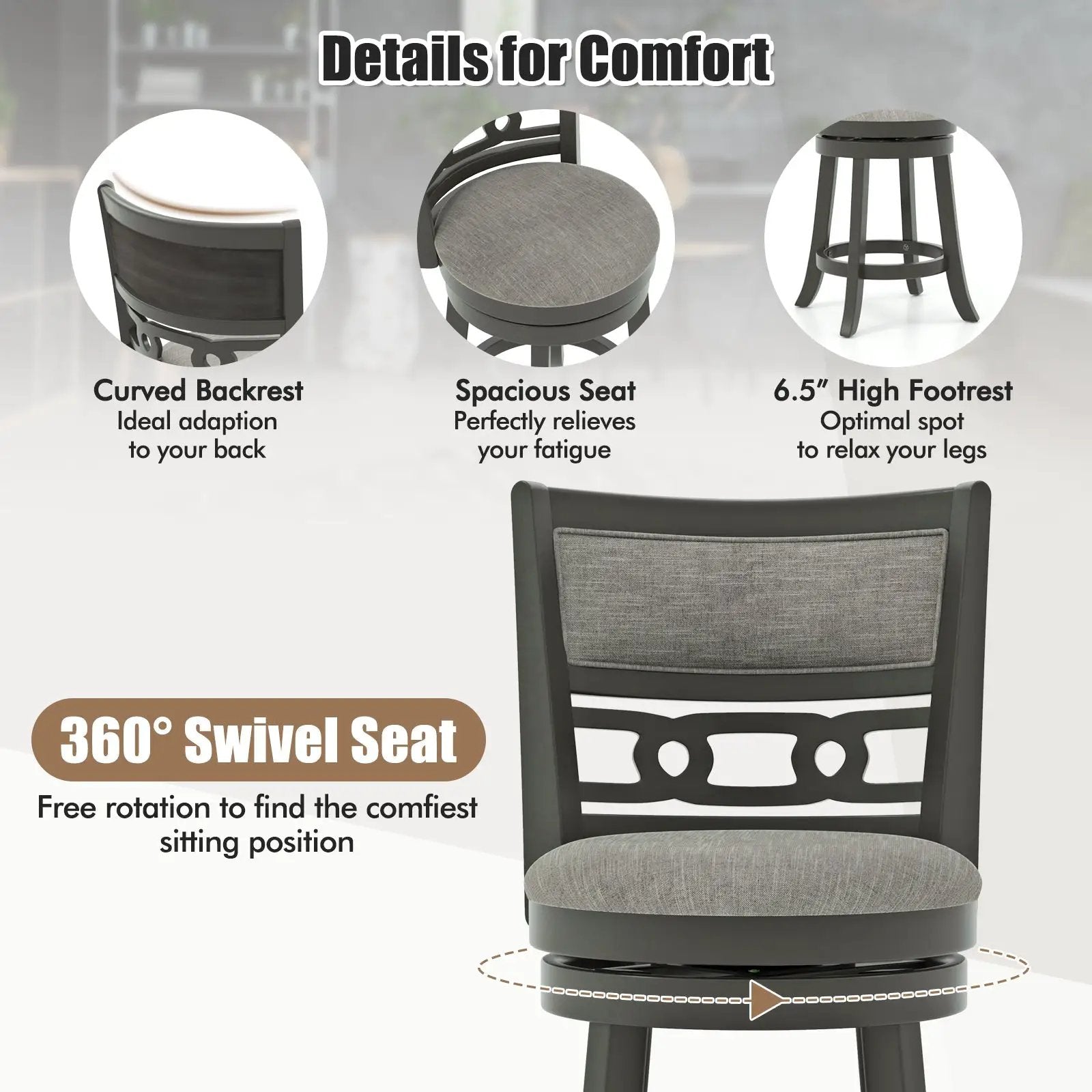 26" Counter Height Bar Chair with Wooden Frame Swivel Seat and Footrest for Pub Bar Restaurant by DirectDeals