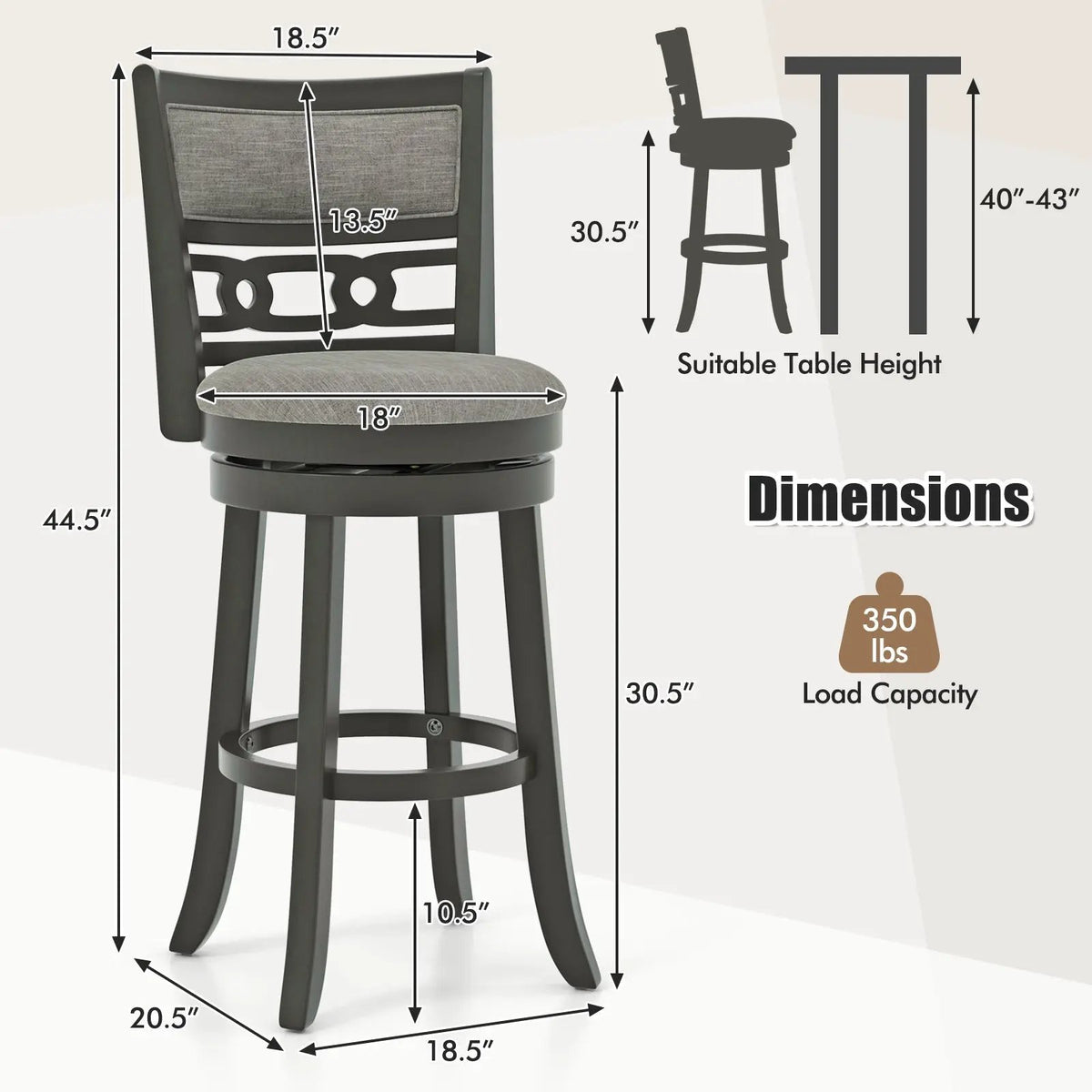 26" Counter Height Bar Chair with Wooden Frame Swivel Seat and Footrest for Pub Bar Restaurant by DirectDeals
