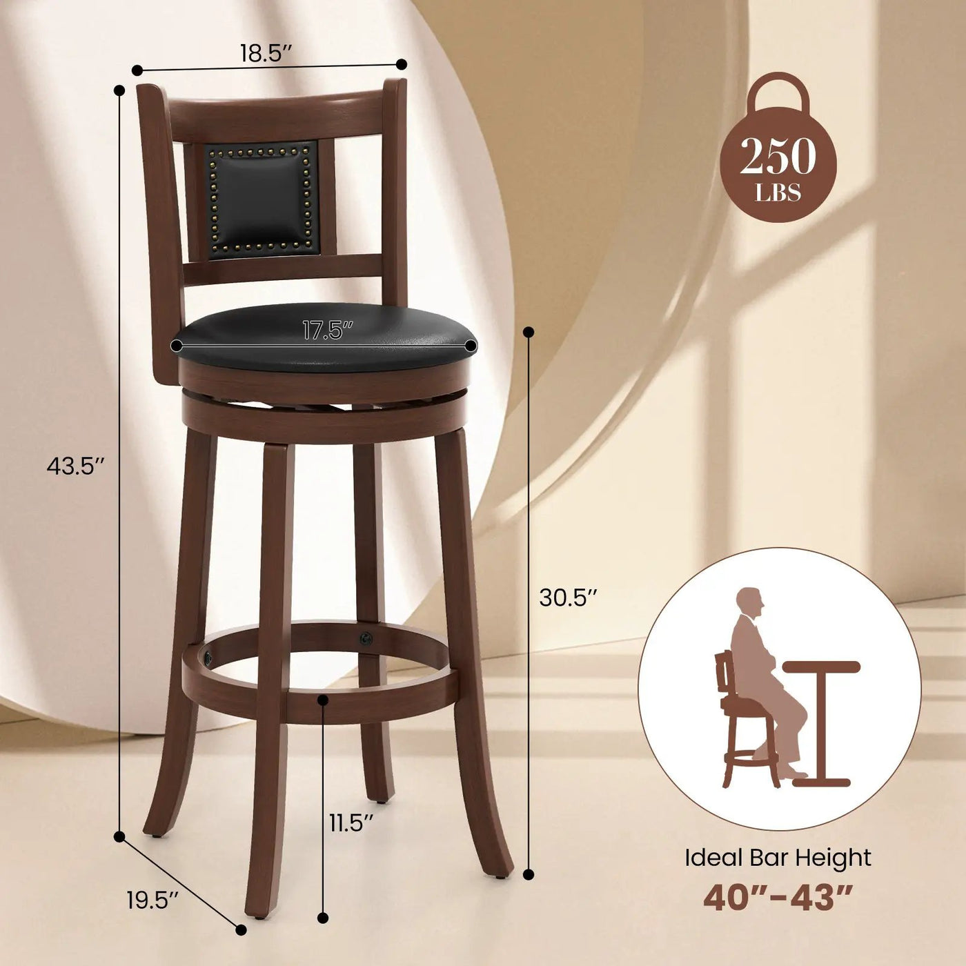 25.5 Inch/30.5 Inch Upholstered Bar Stools Set of 2 with Curved Backrest and Footrest by DirectDeals