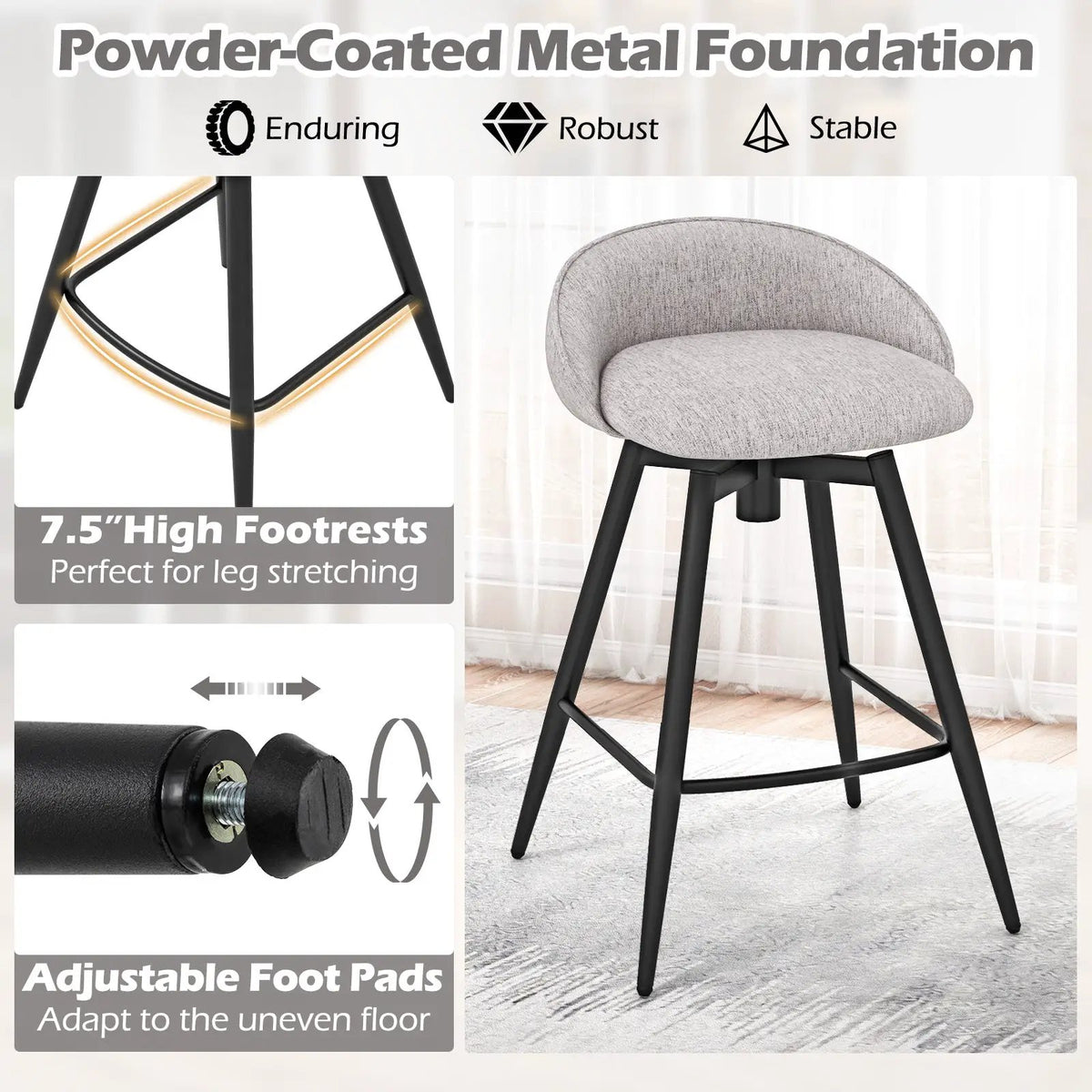 Upholstered Bar Stools Set of 2 with Footrest and Backrest by DirectDeals