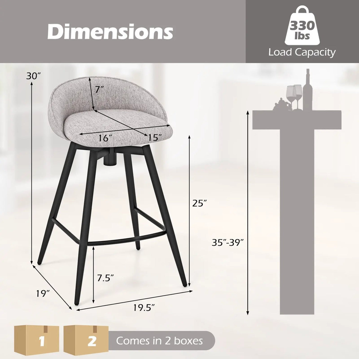 Upholstered Bar Stools Set of 2 with Footrest and Backrest by DirectDeals