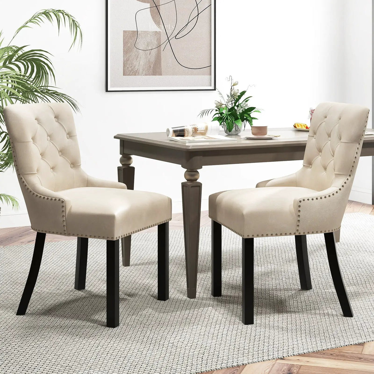 Upholstered Dining Chairs Set of 2 Tufted Wingback Chairs with Rubber Wood Legs by DirectDeals