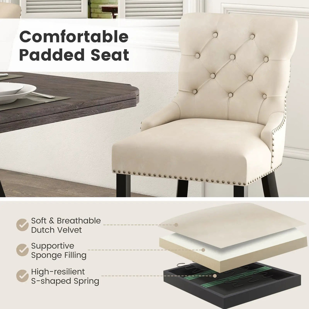 Upholstered Dining Chairs Set of 2 Tufted Wingback Chairs with Rubber Wood Legs by DirectDeals