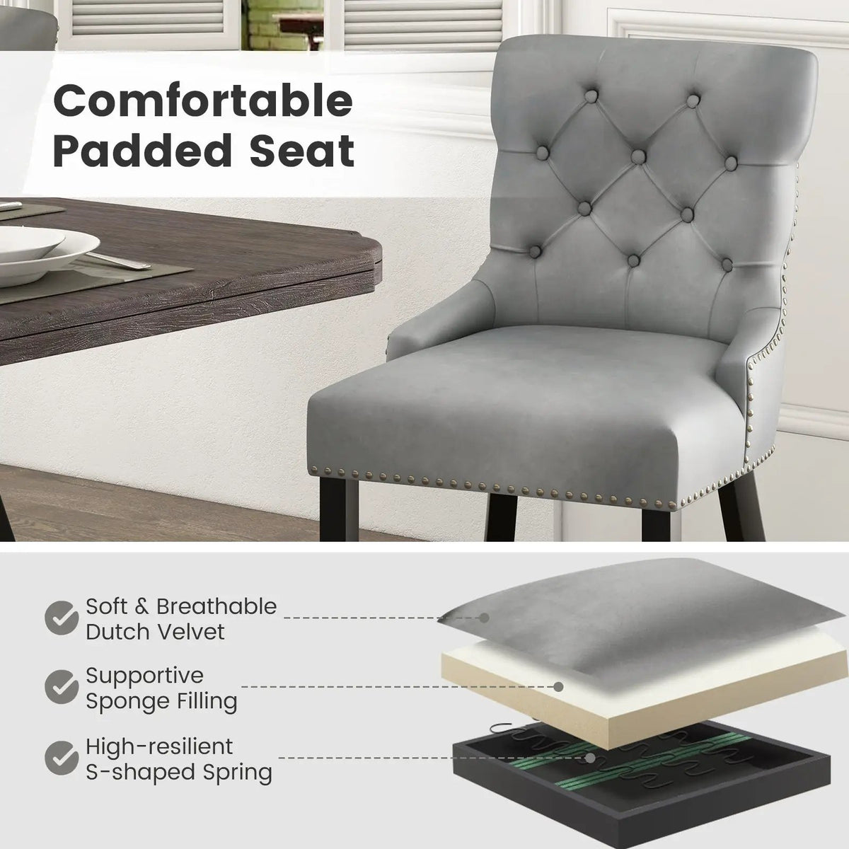 Upholstered Dining Chairs Set of 2 Tufted Wingback Chairs with Rubber Wood Legs by DirectDeals