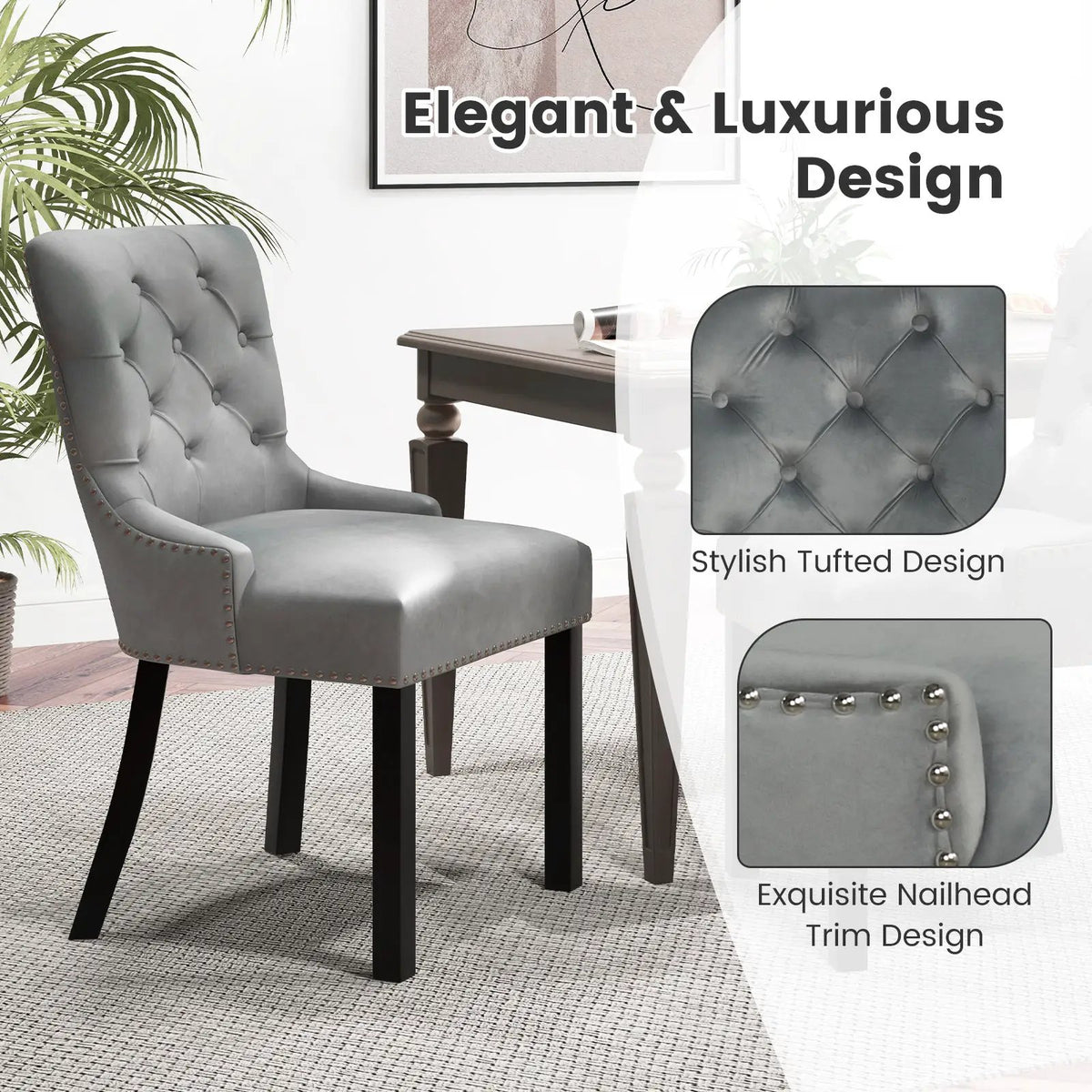 Upholstered Dining Chairs Set of 2 Tufted Wingback Chairs with Rubber Wood Legs by DirectDeals