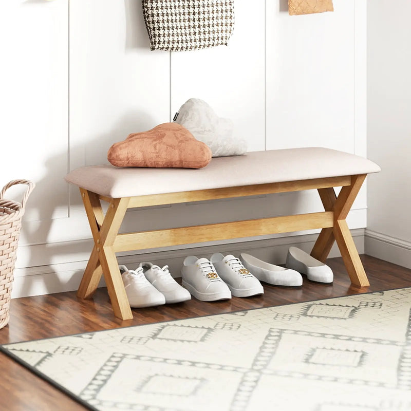Upholstered Entryway Bench Rubber Wood Bench with Thick Padded Seat-Natural by DirectDeals