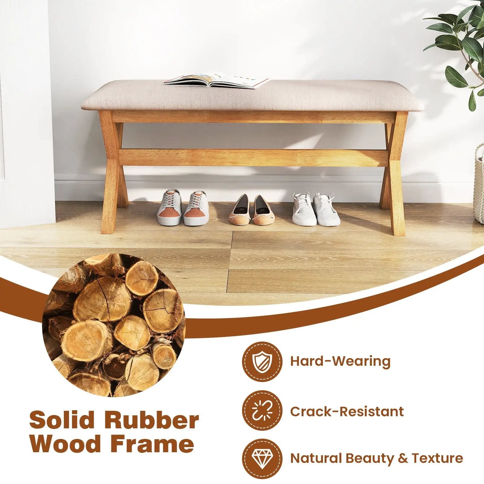 Upholstered Entryway Bench Rubber Wood Bench with Thick Padded Seat-Natural by DirectDeals