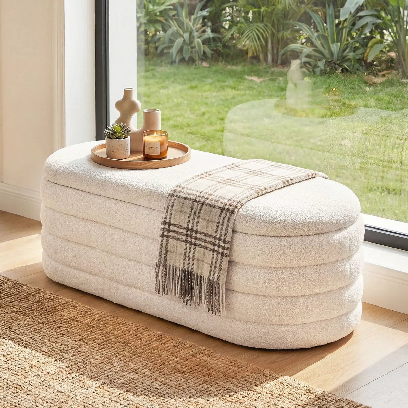 Upholstered Fabric Storage Ottoman Bench for End of Bed with 2 Struts-White by DirectDeals
