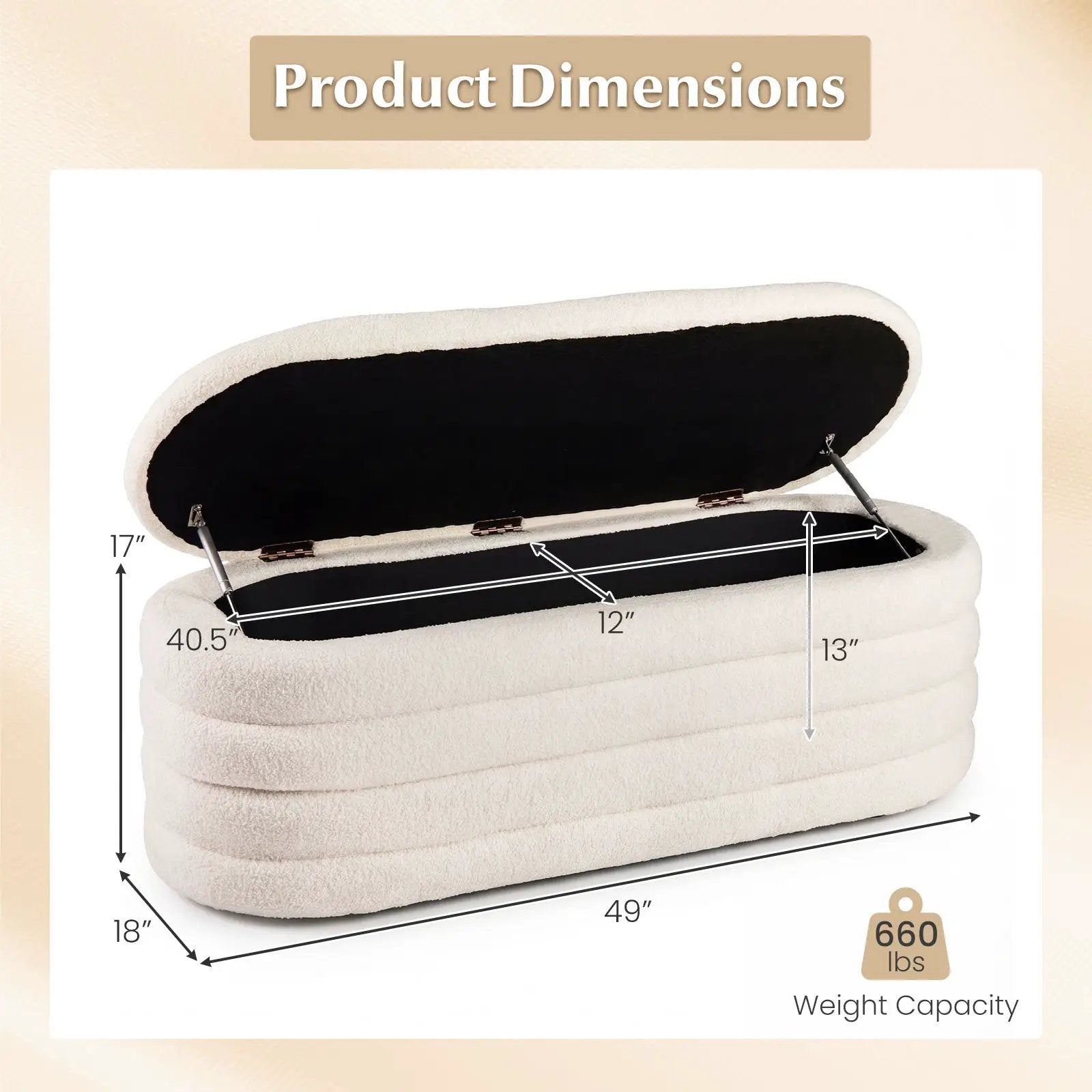 Upholstered Fabric Storage Ottoman Bench for End of Bed with 2 Struts-White by DirectDeals