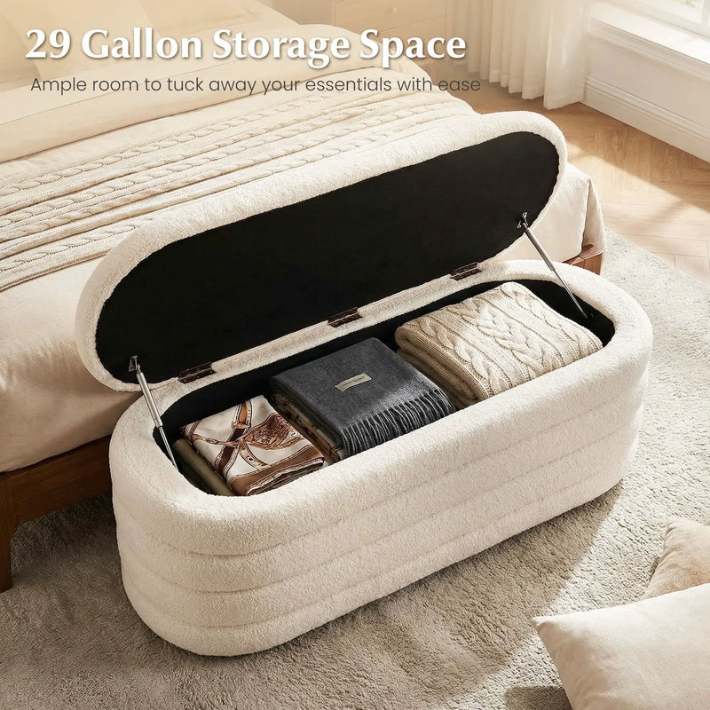 Upholstered Fabric Storage Ottoman Bench for End of Bed with 2 Struts-White by DirectDeals